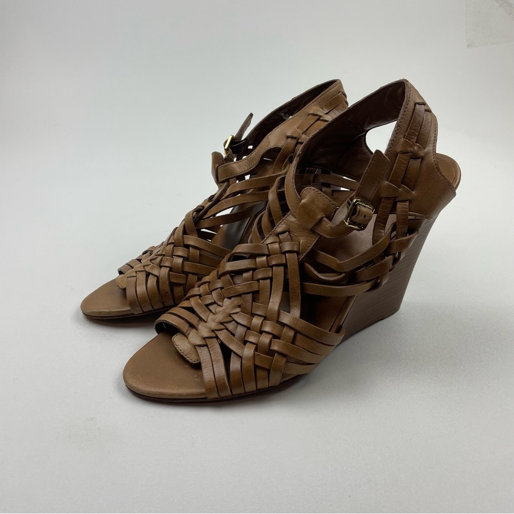 Tory Burch Womens Platform Wedge Sandals Brown Leather Basket Weave Buckle 11 M